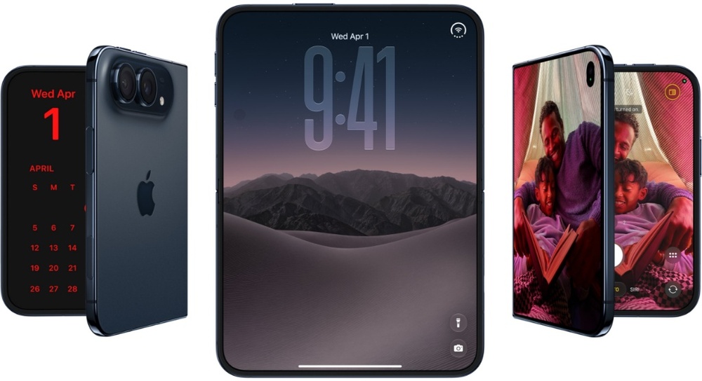 Foldable iPhone Duo concept shown from multiple angles with dual Super Retina XDR displays	iPhone Duo foldable smartphone shown open and closed from different angles